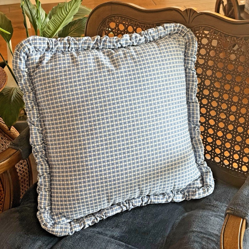 Vintage Wilkinson's Blue Gingham Check Cottagecore Pillow 18x18‎ Gathered Flange